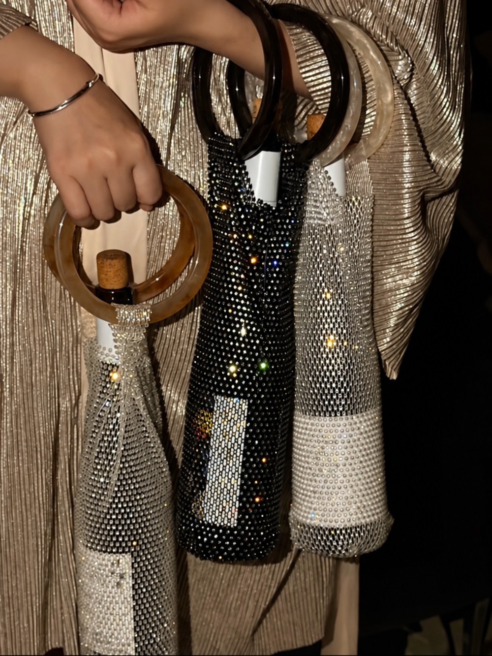 NWOT Rhinestone Beaded Wine Bottle Bag with Handle Ring - Black or Gold